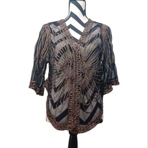 Sheer Boho Gold Embroidered Open Front Evening Topper Blouse